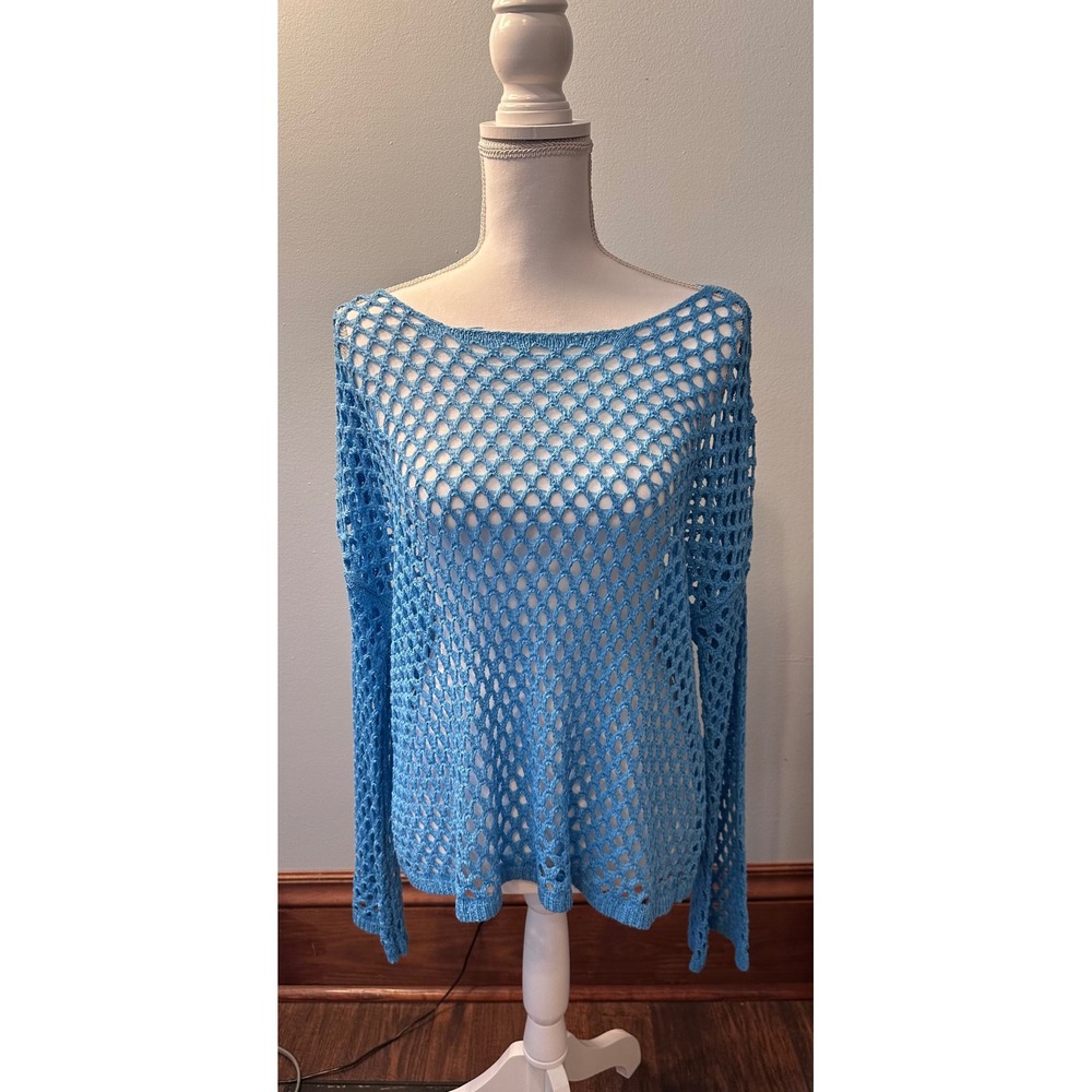 Makk Fashions Blue Open Knit Mesh Crochet Sweater SG8244 Womens Medium Boho